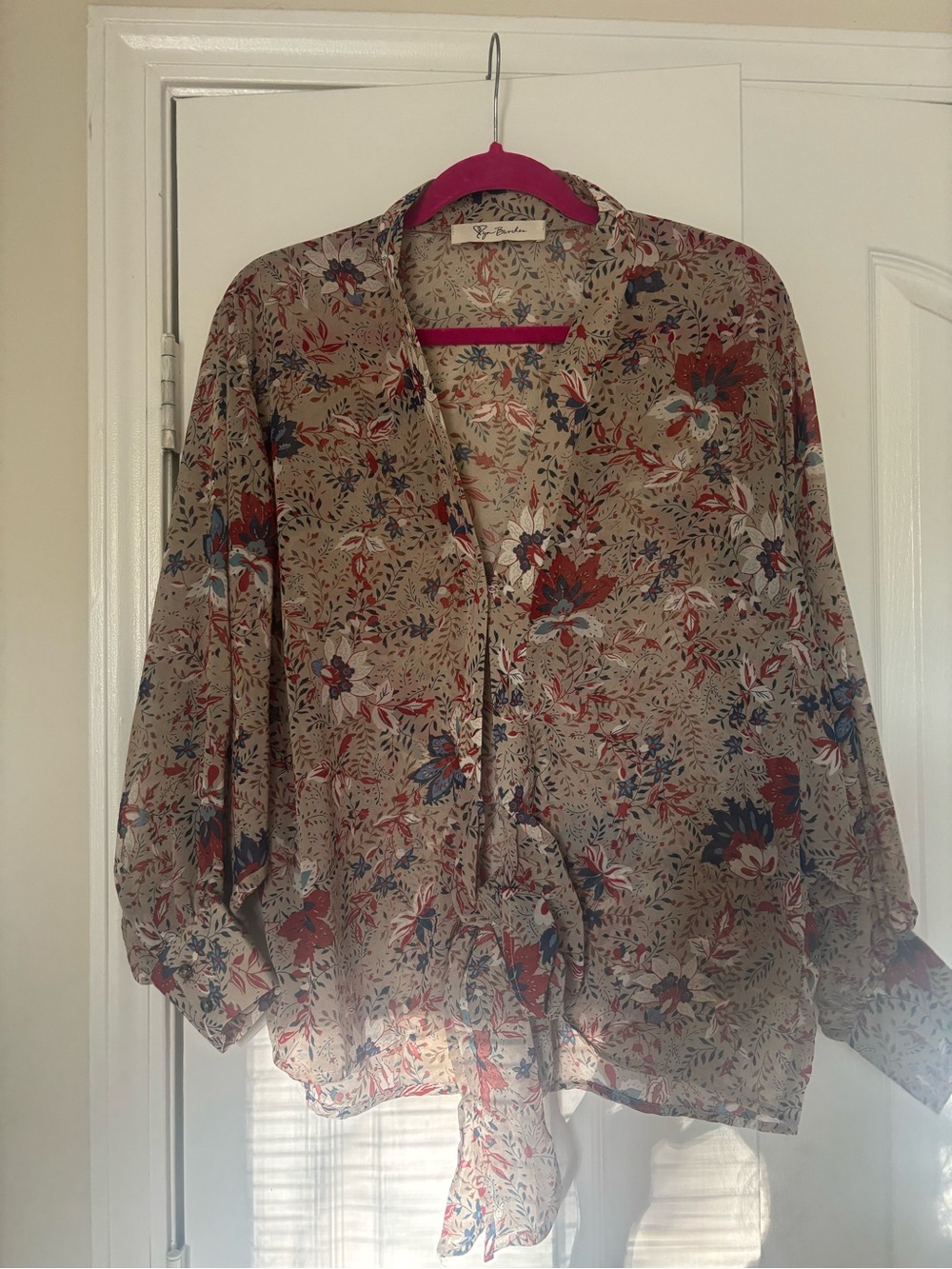 Source Unknown Beige Floral Tie-Front Blouse with Red & Blue Flowers